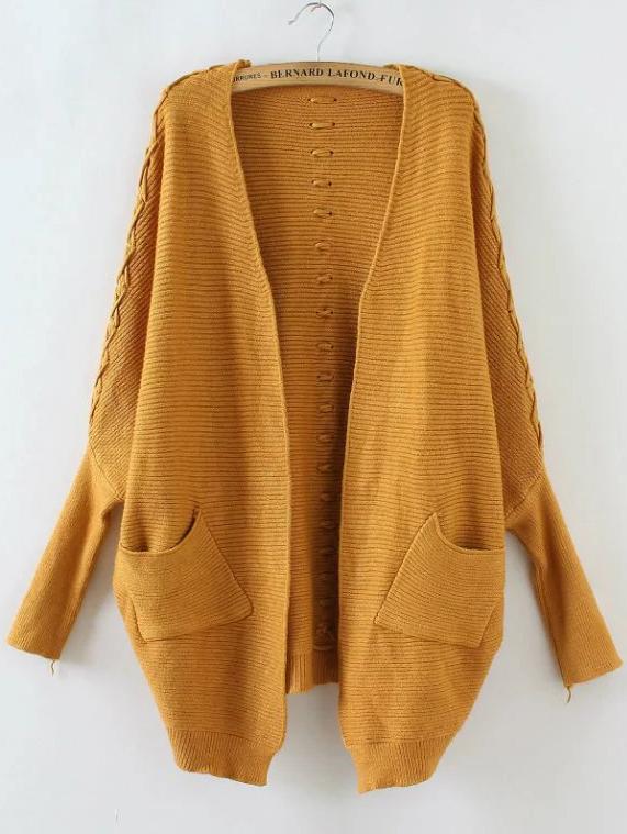 Romwe Ginger Batwing Sleeve Lace Up Back Cardigan With Pocket