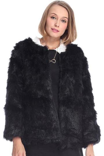 Romwe Round Neck Furry Black Coat