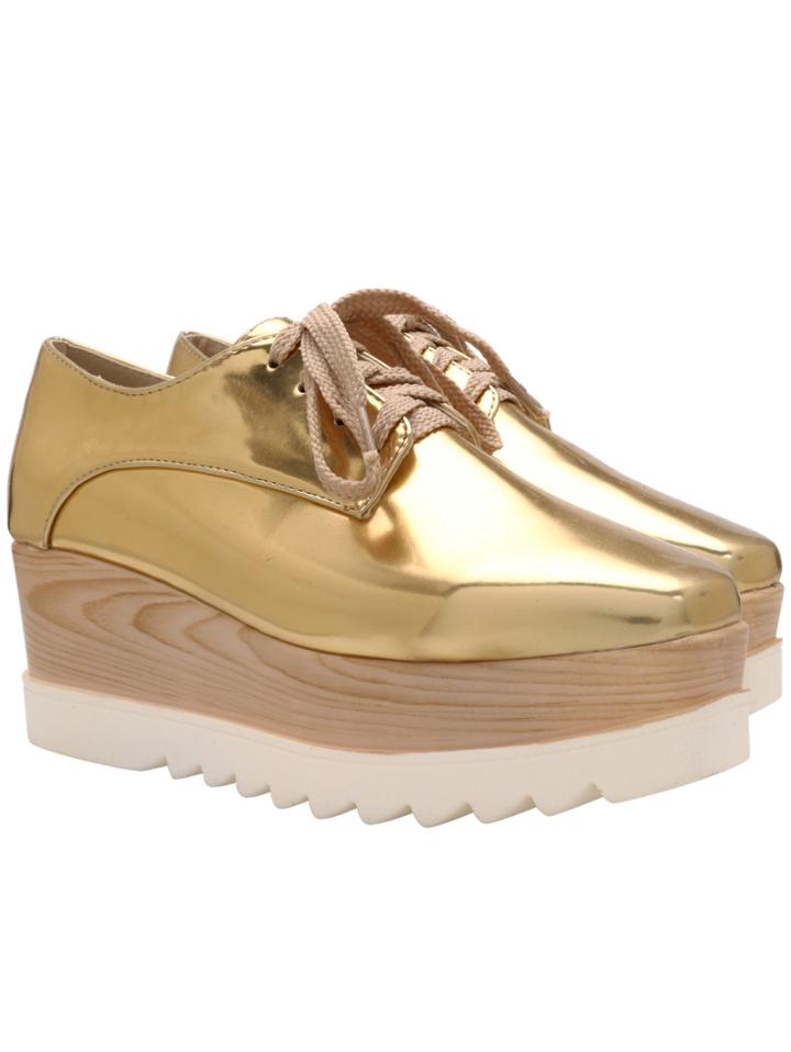 Romwe Gold Square Toe Lace Up Heavy-bottome Flats