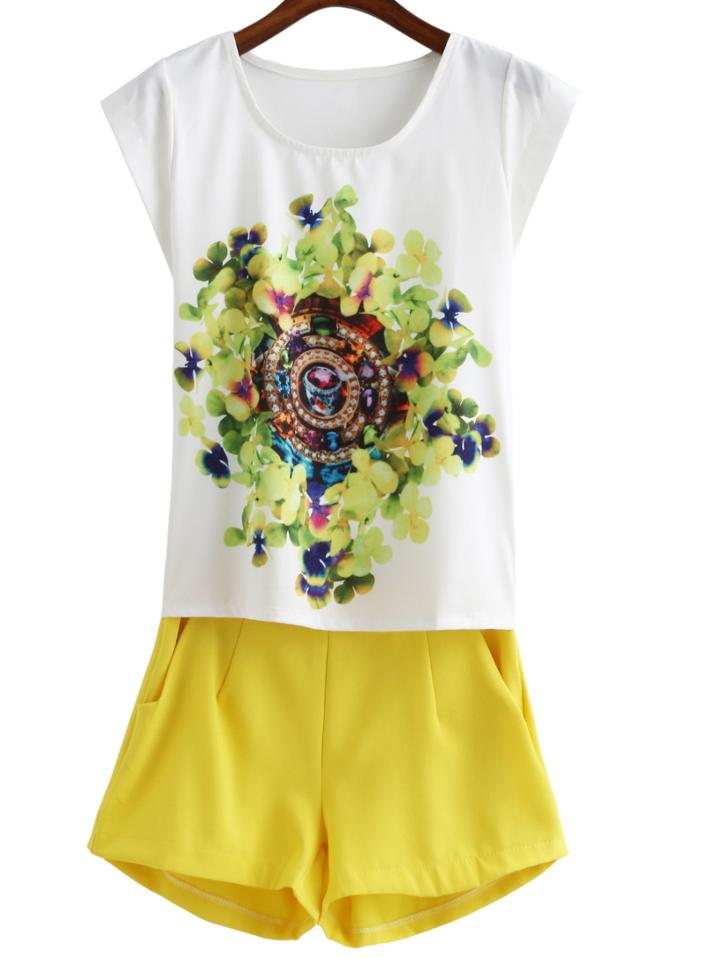 Romwe Flower Print Top With Zipper Yellow Shorts