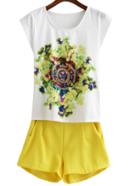 Romwe Flower Print Top With Zipper Yellow Shorts