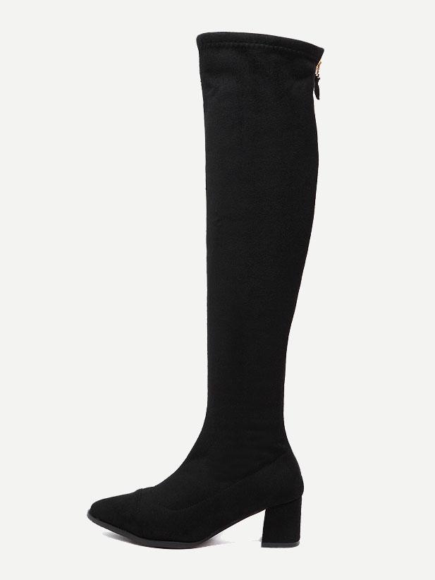Romwe Black Faux Suede Pointed Toe Knee High Zipper Boots