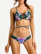 Romwe Tribal Print Crisscross Lace-up Bikini Set
