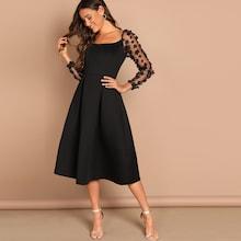 Romwe Applique & Mesh Sleeve Flared Dress