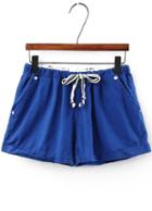 Romwe Drawstring Cuffed Blue Shorts