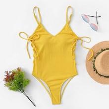 Romwe Lace-up Solid Swimsuit
