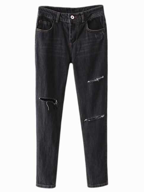 Romwe Black Pockets Ripped Hole Skinny Denim Pants