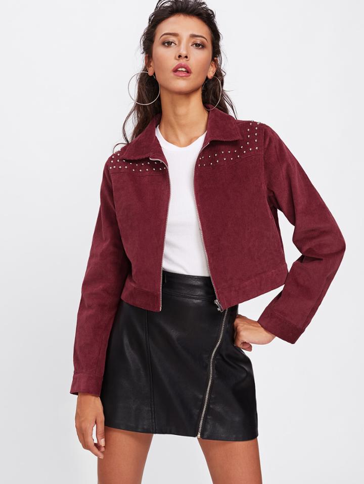 Romwe Studs Detail Zip Up Cord Jacket