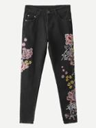 Romwe Flower Embroidered Skinny Jeans