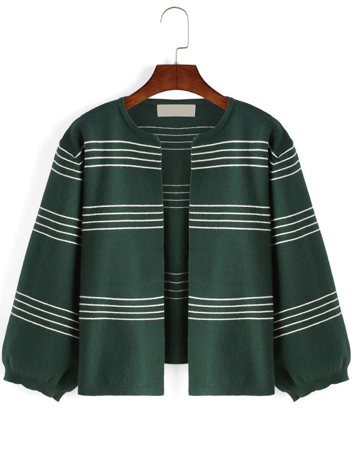 Romwe Women Striped Loose Green Coat