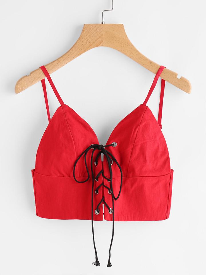 Romwe Lace Up Crop Cami Top