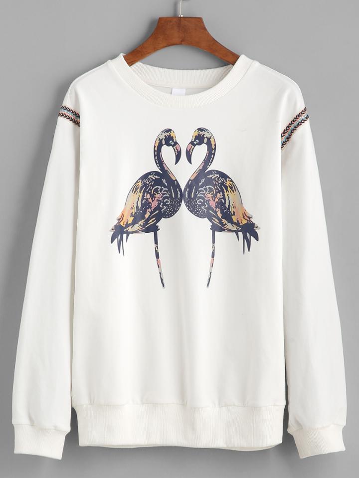 Romwe Beige Flamingo Print Embroidery Tape Shoulder Sweatshirt