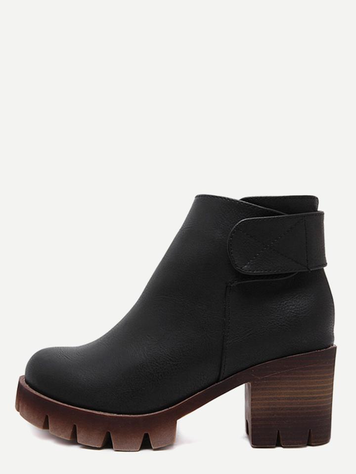 Romwe Black Faux Leather Ankle Velcro Cork Heel Boots