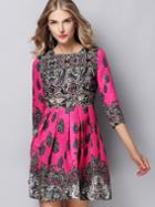 Romwe Rose Red Round Neck Length Sleeve Jacquard Dress