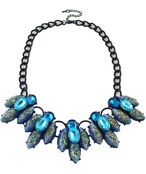 Romwe Blue Gemstone Tassel Chain Necklace