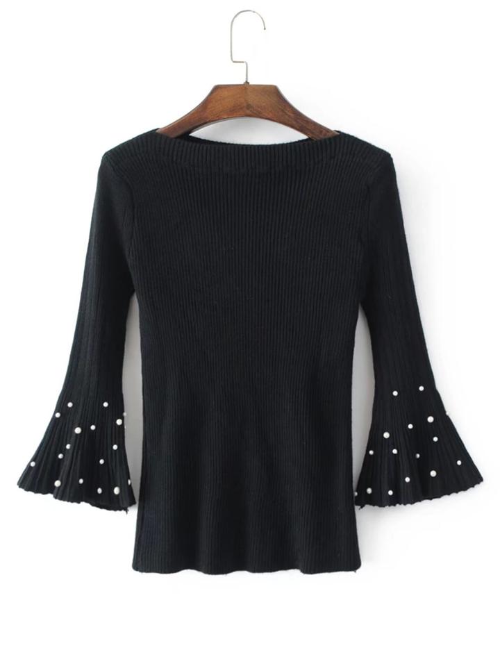 Romwe Faux Pearl Embellished Bell Sleeve Ribbed Knitwear
