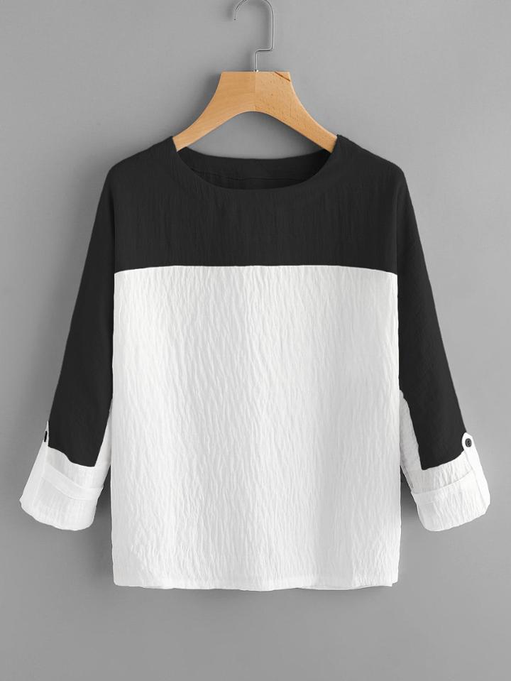Romwe Contrast Panel Rolled Sleeve Blouse