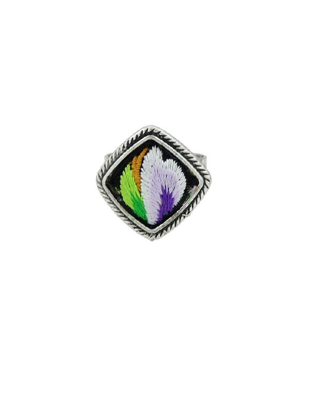 Romwe Purple Handmade Embroidery Flower Pattern Square Boho Rings