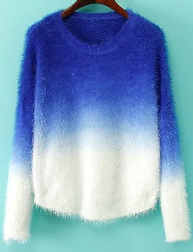 Romwe Blue Ombre Long Sleeve Mohair Sweater