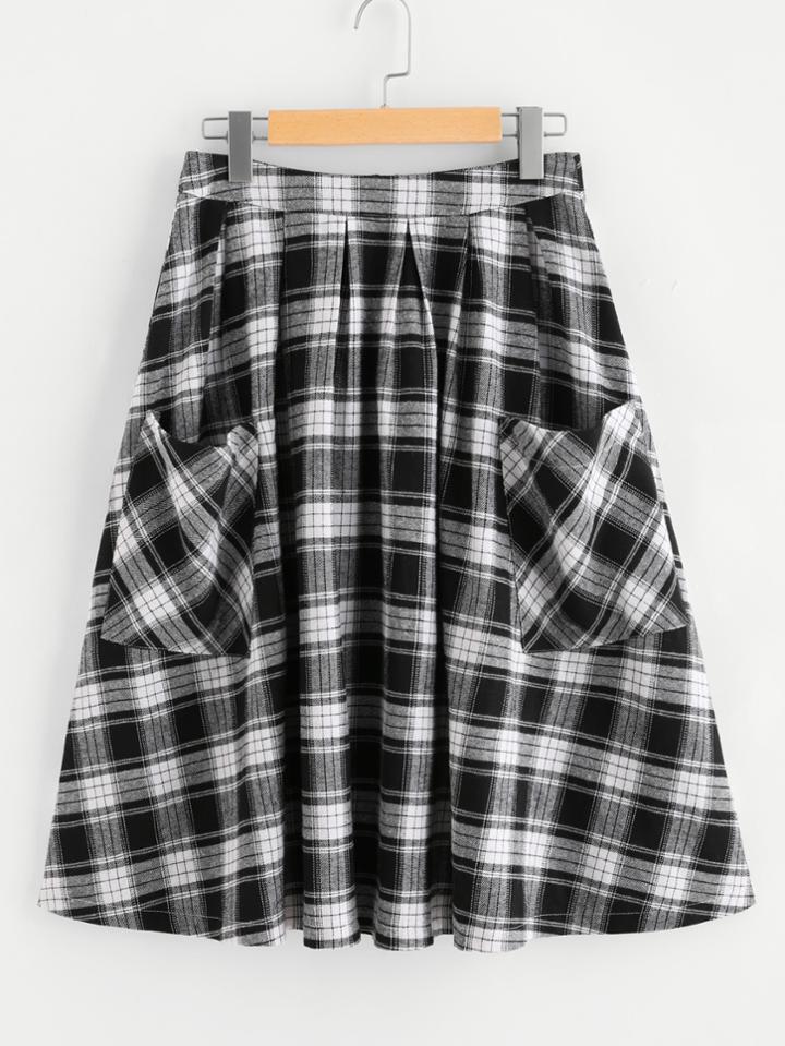 Romwe Pocket Front Zip Back Gingham Swing Skirt