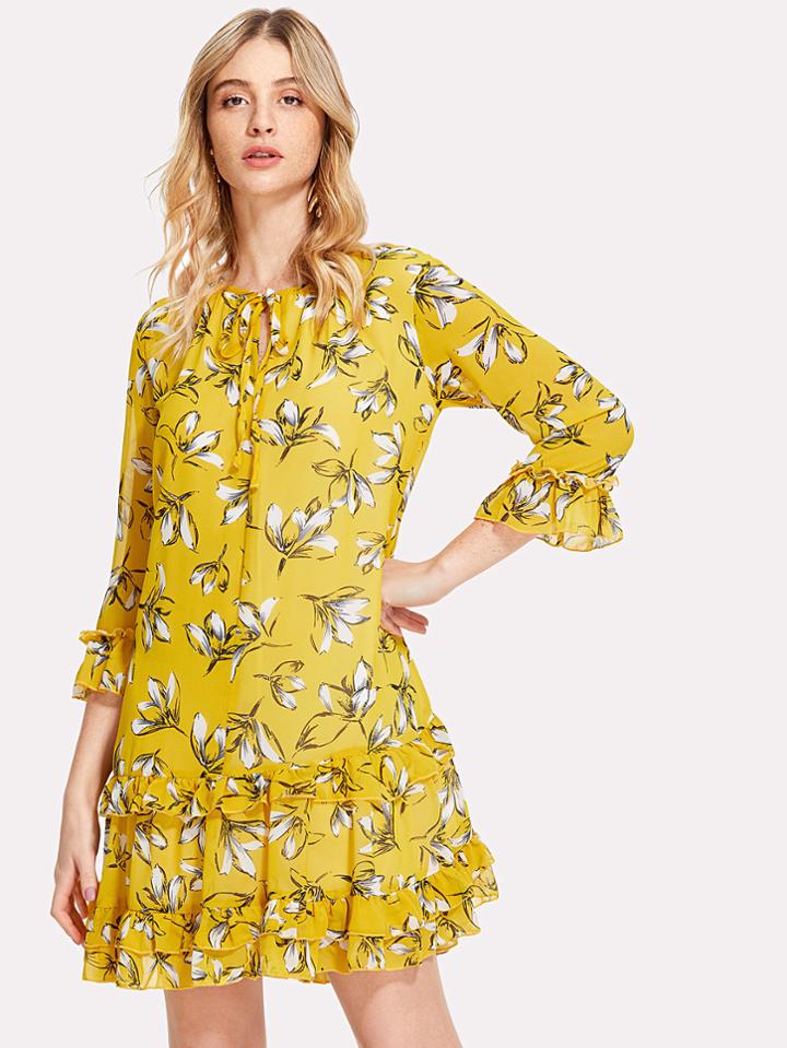 Romwe Tie Neck Ruffle Trim Floral Dress