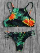 Romwe Tropical Print Ladder Cutout Bikini Set