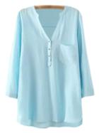 Romwe Azure V Neck Buttons Front Dip Hem Blouse