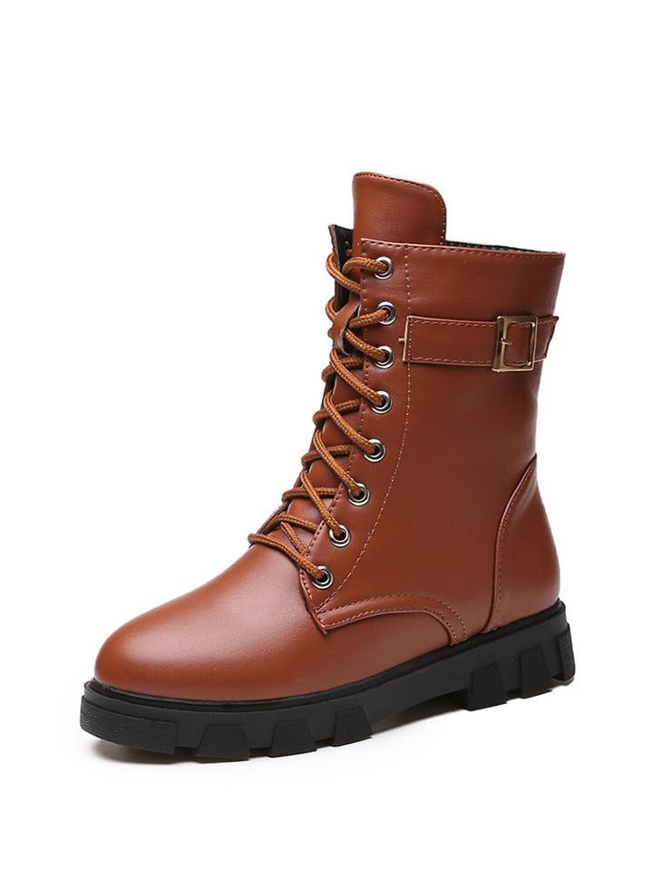 Romwe Metal Buckle Detail Lace Up Boots