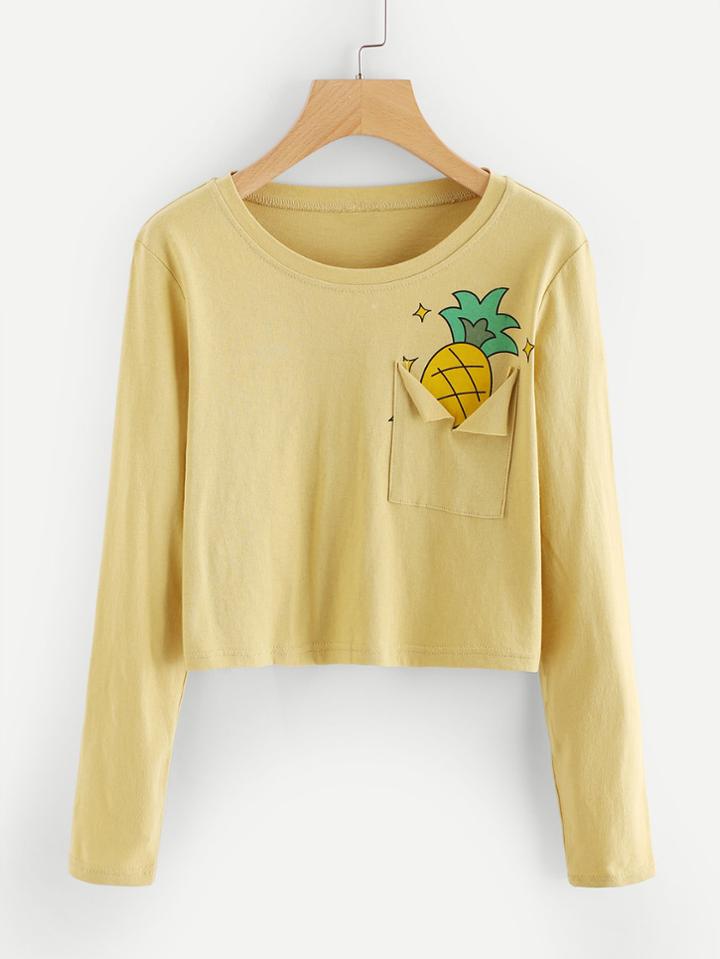 Romwe Pineapple Print Ripped Pocket Crop Tee
