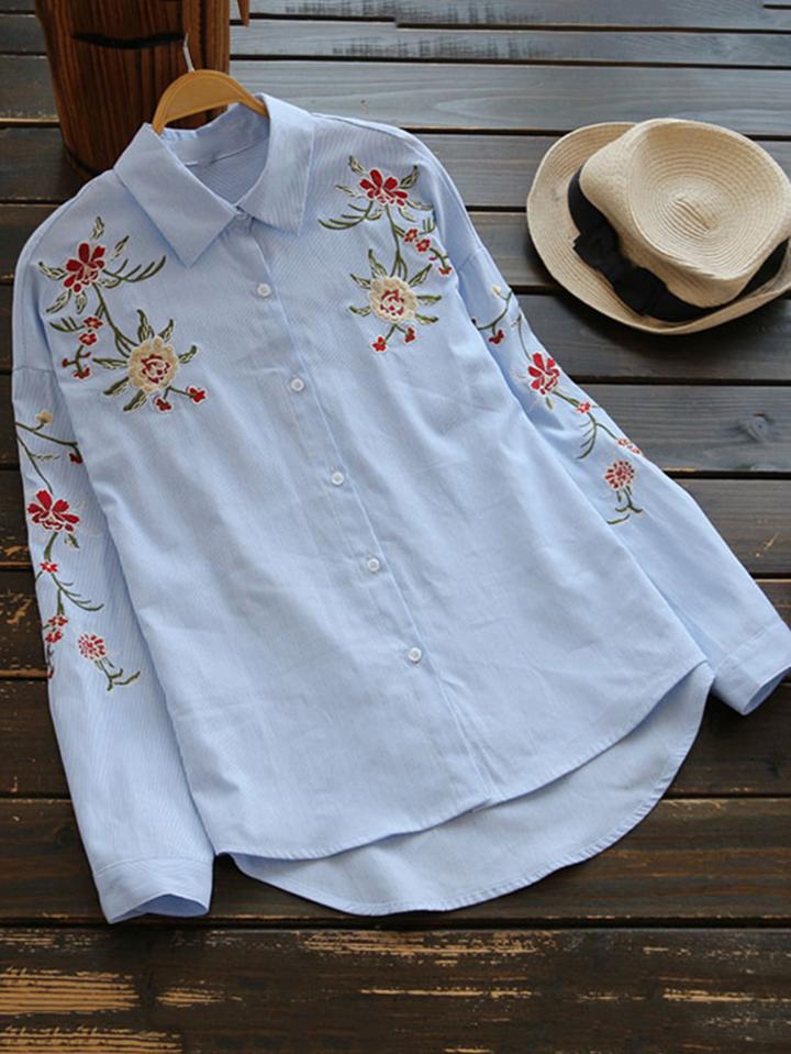 Romwe Drop Shoulder Embroidery High Low Pinstriped Blouse