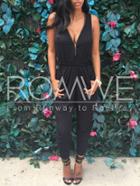 Romwe Black Sleeveless V Neck Zipper Slim Jumpsuit