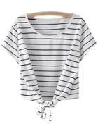 Romwe Black Stripe Short Sleeve Self-tie Bow T-shirt