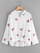 Romwe Flower Embroidered Pleated Dip Hem Blouse