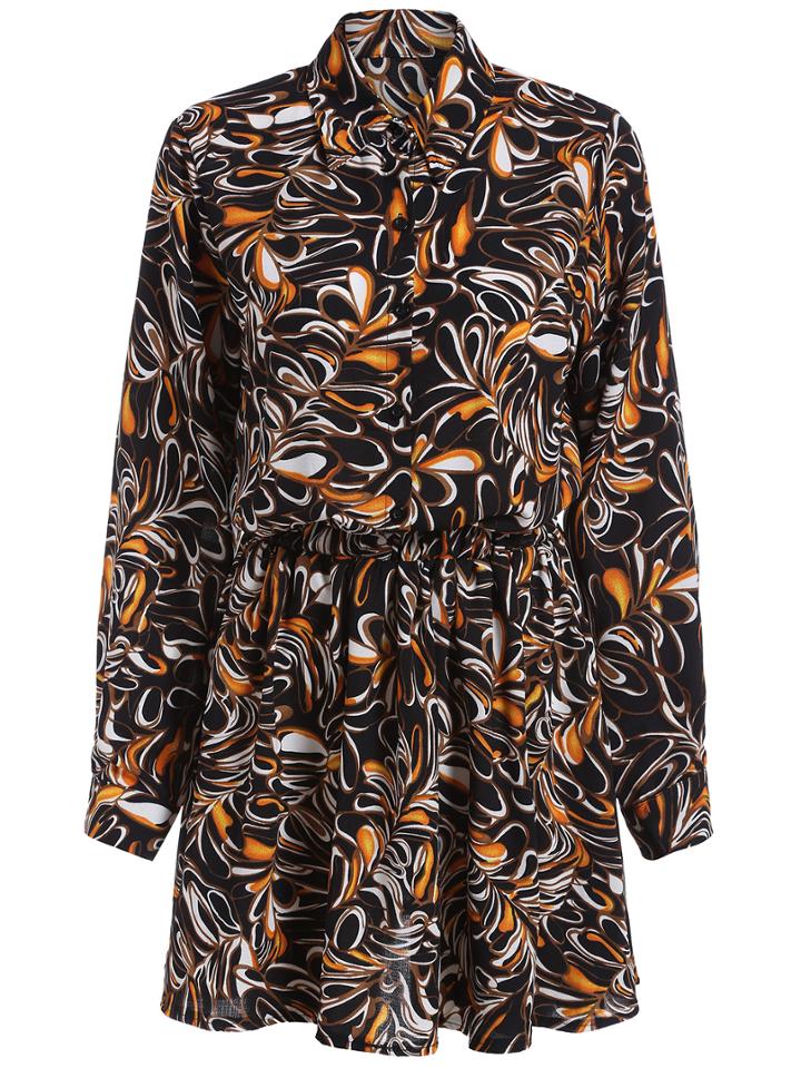 Romwe Lapel Leaves Print Shirt Dress