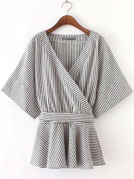 Romwe Black And White Stripe Bow Wrapped Blouse