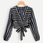Romwe Striped Knot Front Blouse