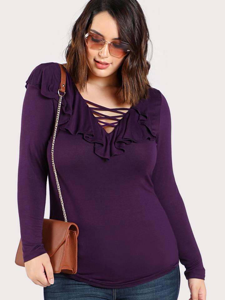 Romwe Crisscross V Neck Ruffle Embellished Top