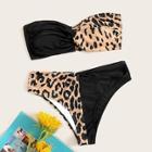 Romwe Contrast Leopard Twist Bandeau Bikini Set