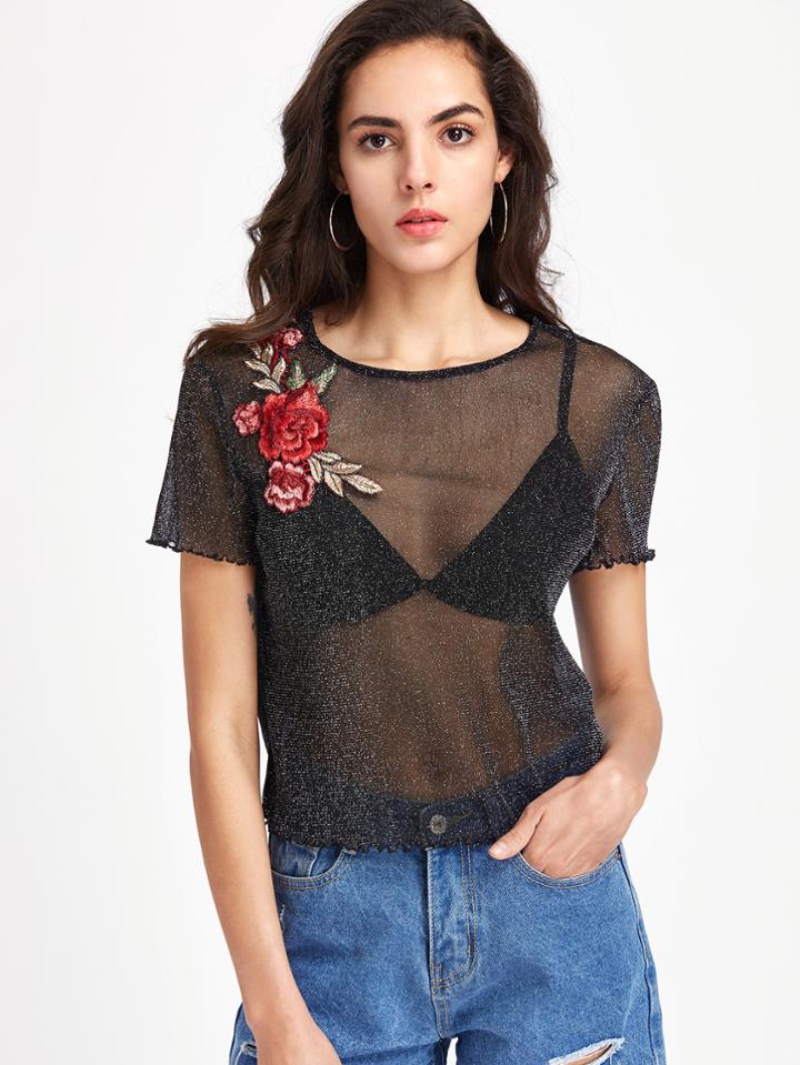 Romwe Rose Patch Lettuce Hem Glitter Mesh Top