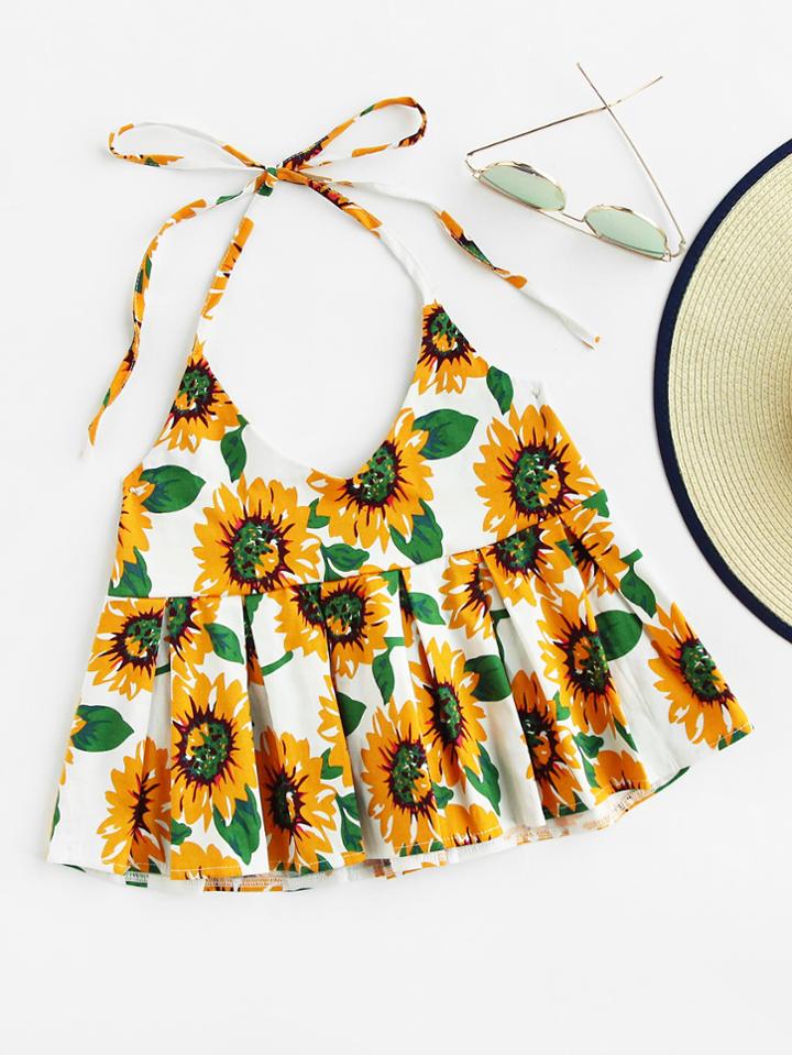 Romwe Sunflower Print Random Box Pleat Halter Top