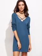 Romwe Blue Criss Cross V Neck Dress