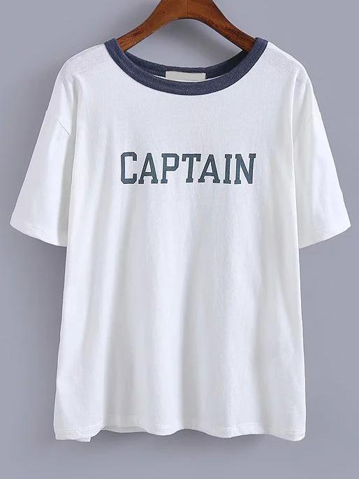 Romwe Letters Anchors Print White T-shirt