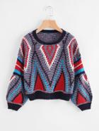 Romwe Contrast Trim Geo Pattern Balloon Sleeve Jumper
