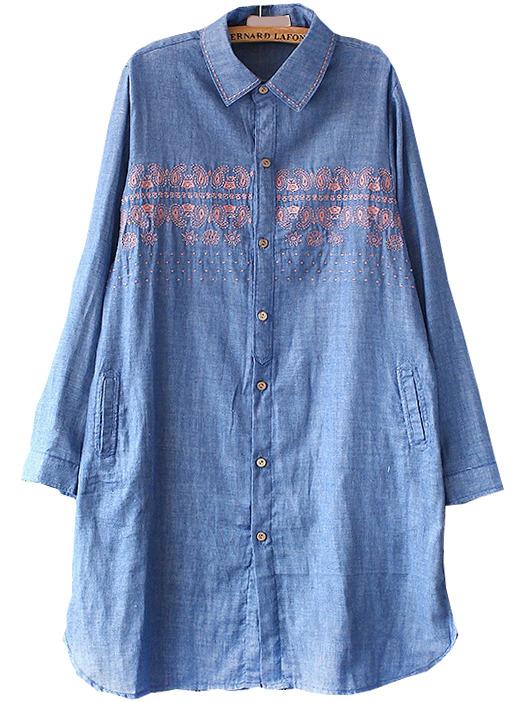 Romwe Blue Embroidered Pocket Long Shirt