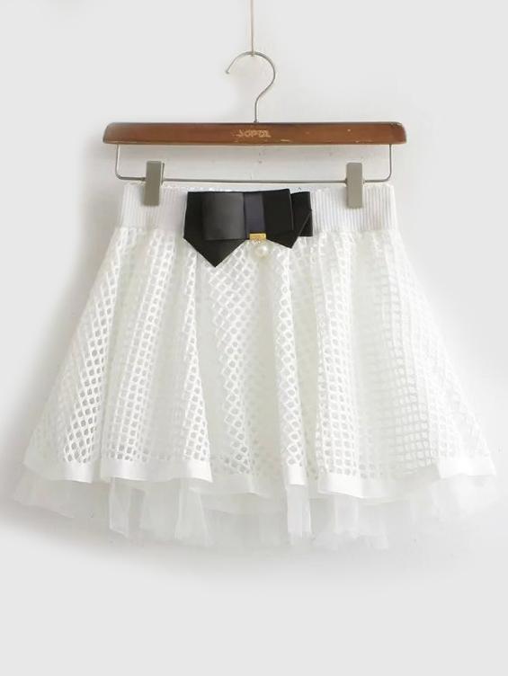 Romwe Elastic Waist Bow Flare White Skirt