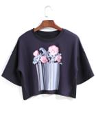 Romwe Flower Print Crop Black T-shirt