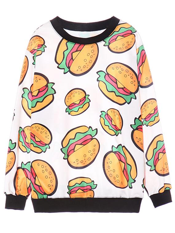Romwe Hamburger Print White Sweatshirt
