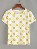 Romwe Emoticons Print Rolled Sleeve T-shirt
