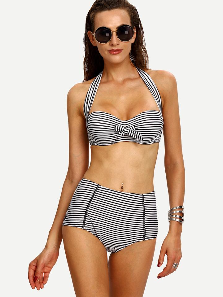 Romwe Shirred High Waist Bikini Set