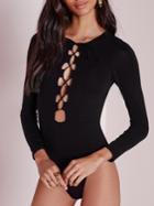 Romwe Black Long Sleeve Lace Up Front Playsuit